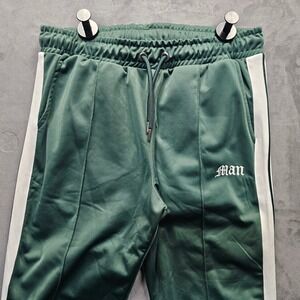 boohooMAN Mens Green Track Pants White Side Stripe Gothic Logo Size M